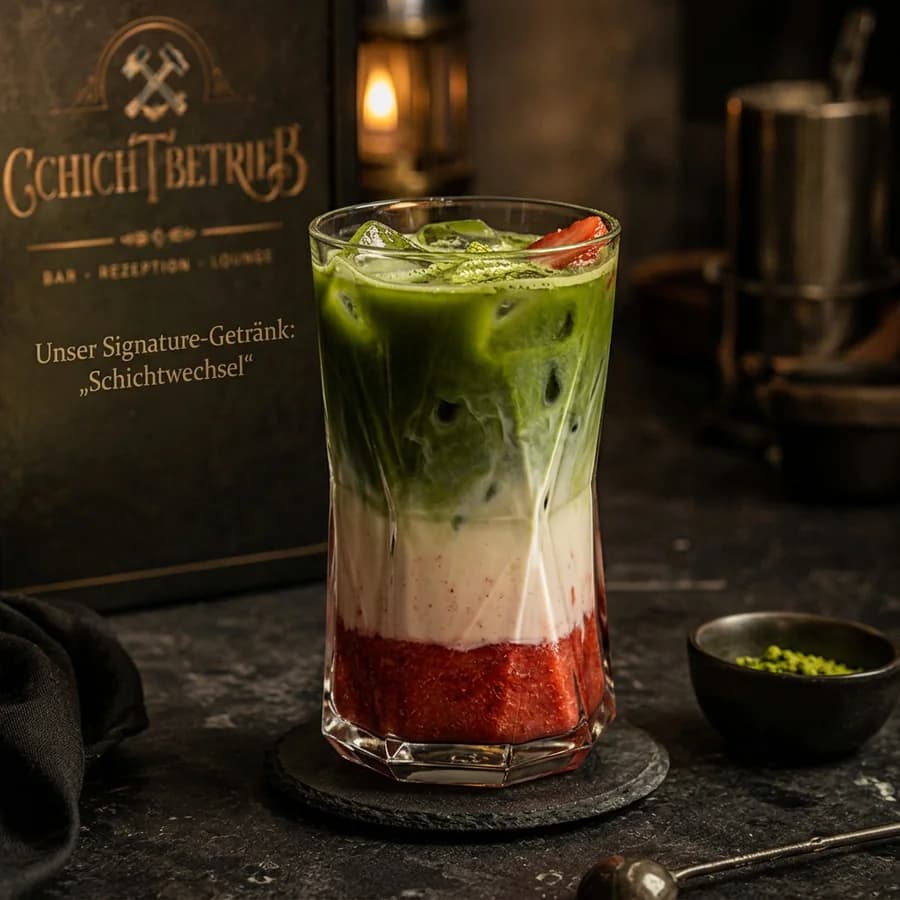 Schichtwechsel — Matcha · Erdbeere · Vanillemilch