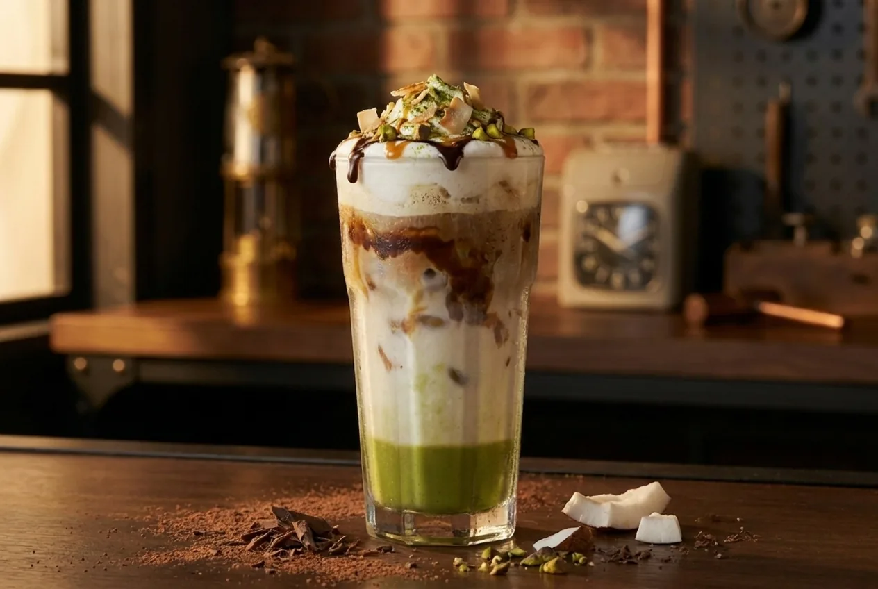 Iced Special des Schichtbetriebs mit Matcha, Milchschaum, Pistazien und Kokos, bereit zur Abholung