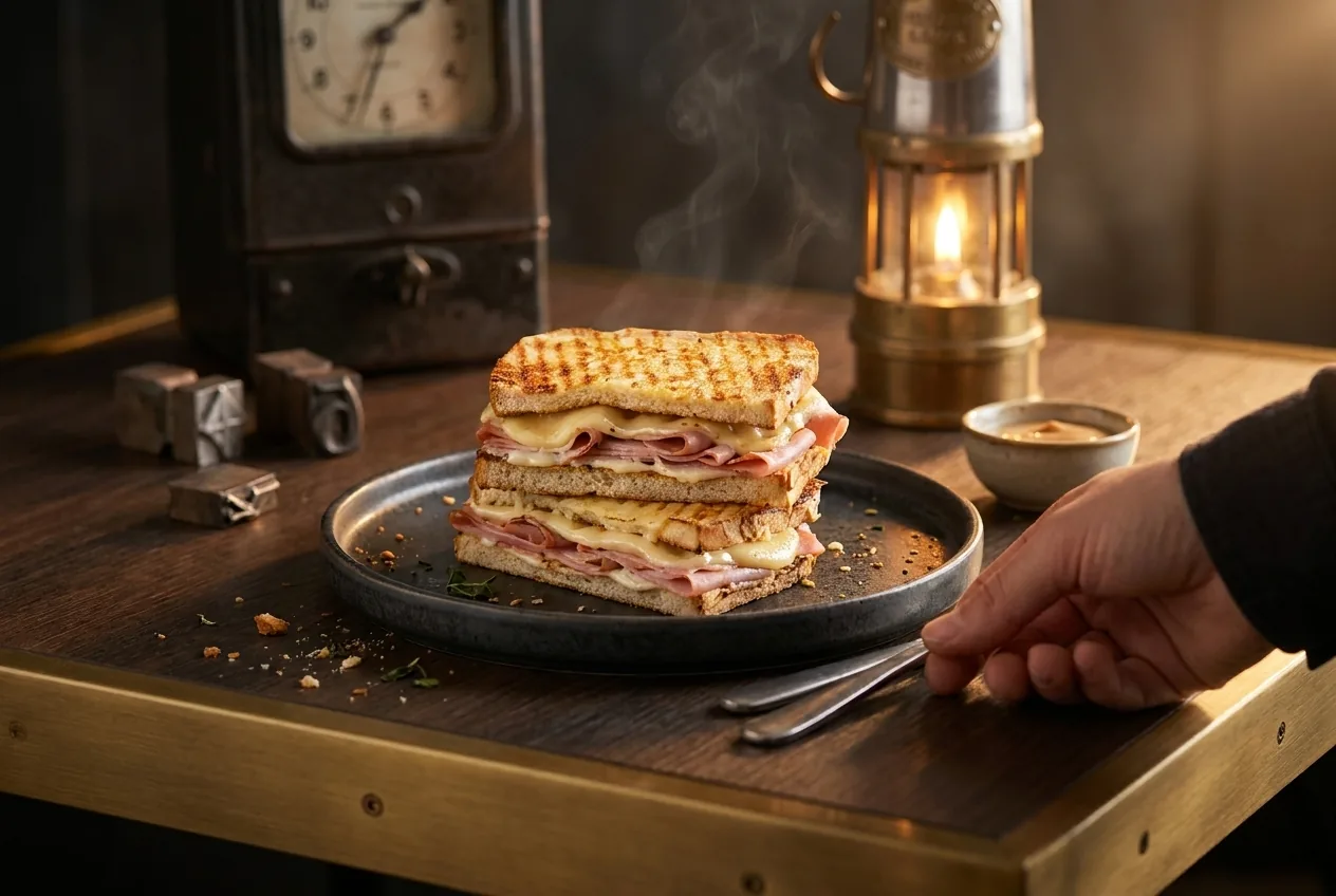 Frisch gepresster Sandwich-Toast auf dem Teller, daneben eine Grubenlampe